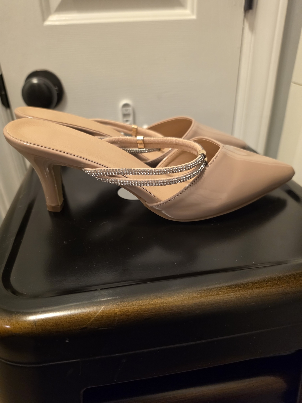 Nude Pointed-Toe Slingback Heels with Rhinestone Straps